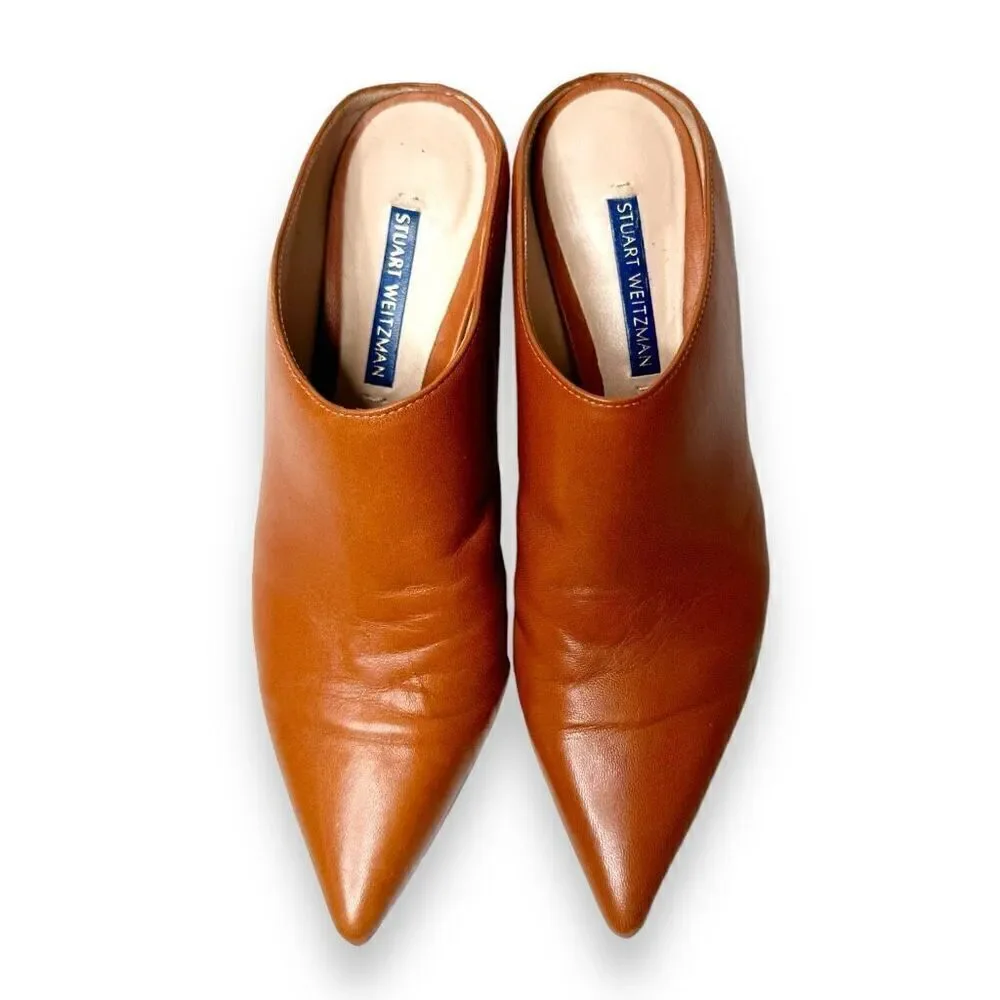 Stuart Weitzman Women's Leather Heeled Mira Mules in Dark Bridle Brown Size 6